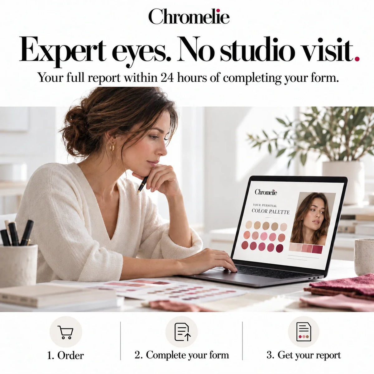 Order, complete your form about yourself and your preferences, and upload photos; expert-reviewed report within 24 hours of receiving the form and photos. Illustrative scene.
