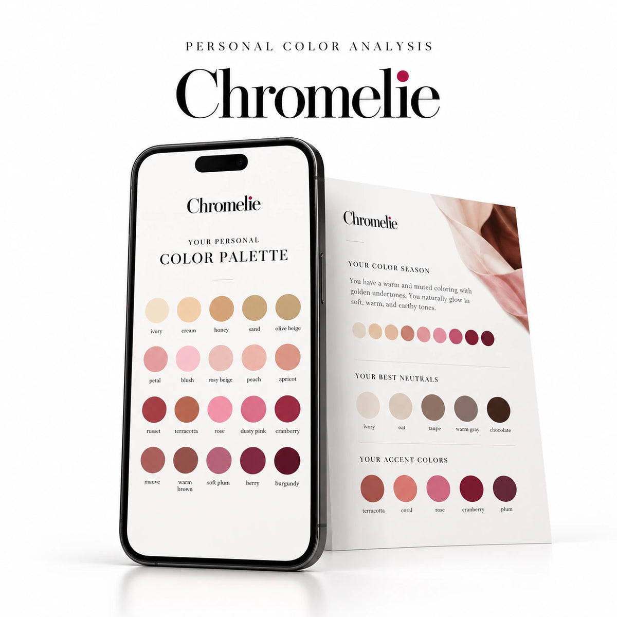 Illustrative Chromelie personal color analysis report and mobile palette; digital service