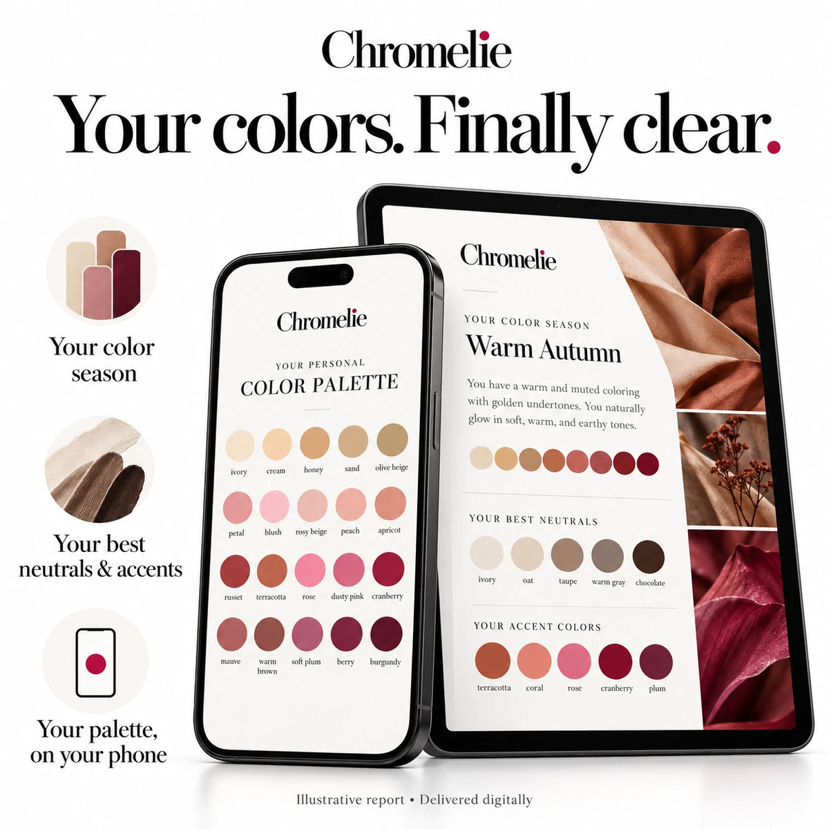 Illustrative digital report: your color season, neutrals, accents and phone palette